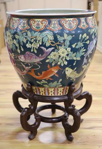 A Chinese porcelain fish bowl on stand, diameter 47cmCONDITI...