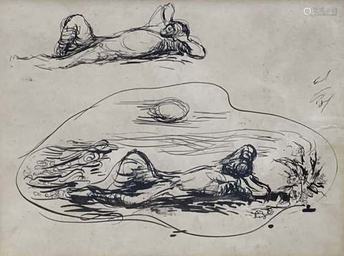 Clifford Hall (1904-1973), pen and ink, 'Nude in wrap', labe...