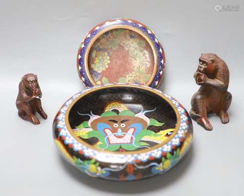 Two Chinese cloisonne enamel censers and two carved wood mon...