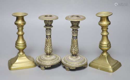 Two pairs of brass candlesticks, height 18cm