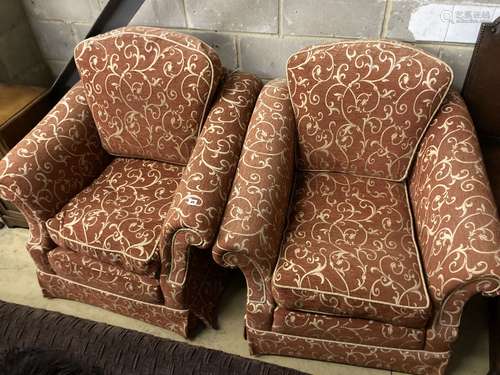 A pair of contemporary upholstered armchairs, width 96cm dep...