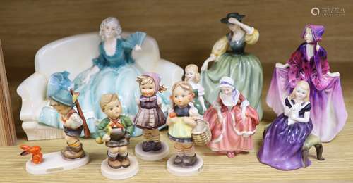 A collection of Hummel figures and Doulton ladies and a Katz...