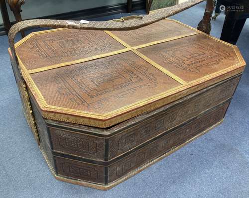 A large Chinese woven octagonal casket and cover, length 126...