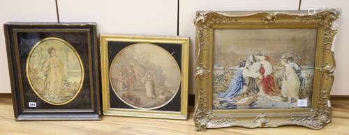 A 19th century silk picture, a petit point picture and a col...