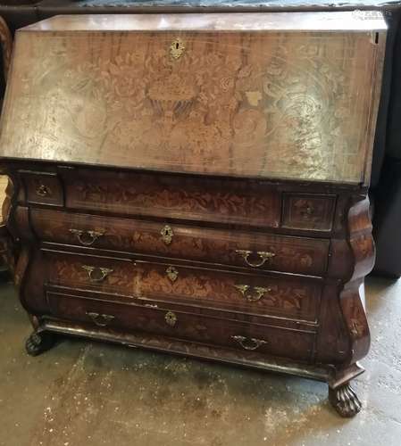 An 18th century Dutch floral marquetry walnut bombe bureau, ...