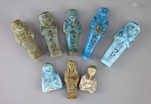 Five Egyptian turquoise glazed faience shabti and three frag...