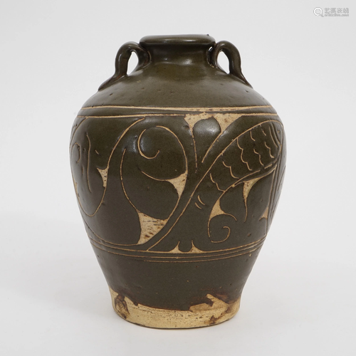 A CIZHOU KILN TEA FOAM-GLAZED DOUBLE-LINE PLUM VASE