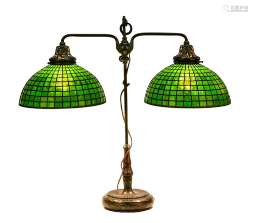 Unusual Tiffany Studios, New York Double Student Lamp