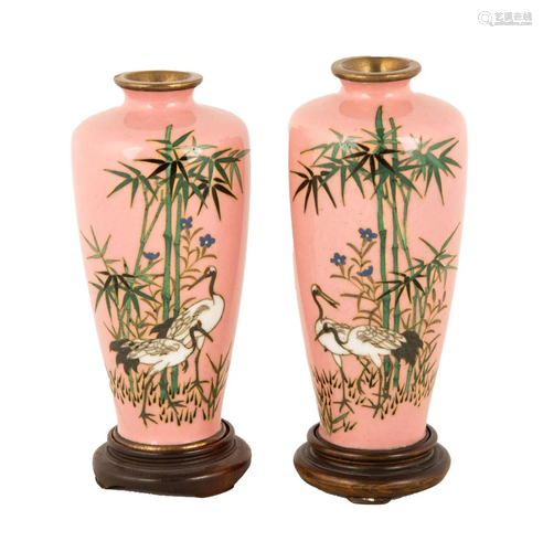 Miniature Japanese Cloisonné Vases with Herons