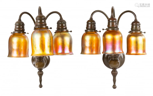 Large Pair of Tiffany Studios, NY 3-Light Sconces