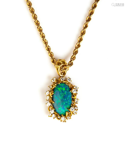 Rare 6.96 ct Black Opal, 18K Gold & Diamond Pendant