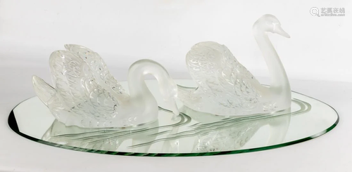 Pair of Lalique Art Glass Cygne Tete Droite and Cygne