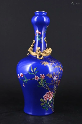 Qing Porcelain Blue Glazed Famille Rose Vase