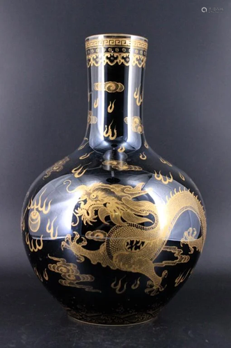 Qing Porcelain Blue&Gold Dragon Phoenix Vase