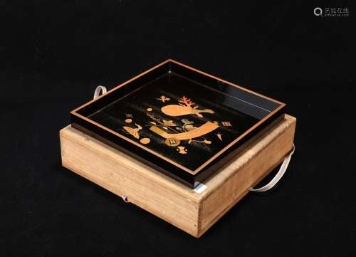 大正時期 木胎漆器蒔繪富貴吉祥紋茶盤