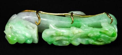 Antique Chinese Carved Jade Dragon Buckle w Gold