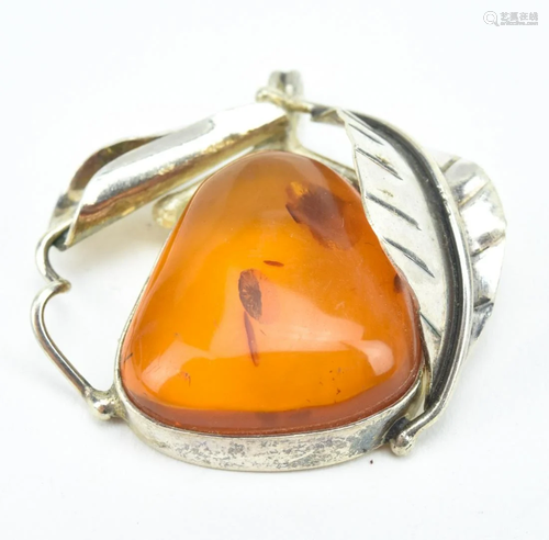 Estate Sterling Silver & Cabochon Amber Pendant