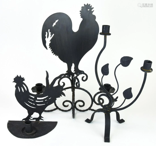 Collection 3 Wrought Iron Rooster Candle Holders