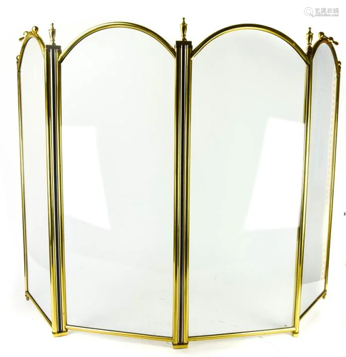 Vintage Brass & Glass 4 Panel Fireplace Screen