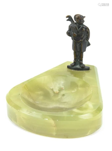 Antique Green Onyx Dish w Bronze Golfer Statue