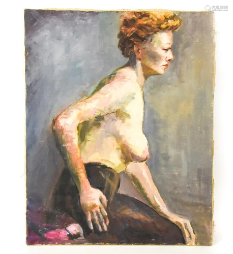 Mid Century Female Seated Nude Oil on Canvas