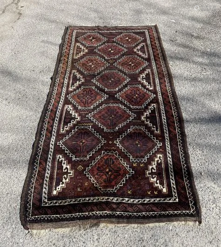 Persian Hand Knotted Throw Rug w Geometric Design