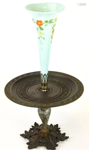 Antique Bronze Epergne Hand Painted Bristol Glass