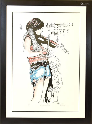 Framed Signed Lithograph Girl Playing Violin