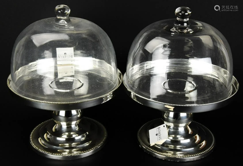 Pair Bombay Silverplate Cake Stands w Glass Domes