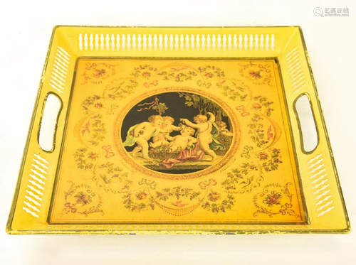 Square Tole Metal Tray w Cherub Design Motif