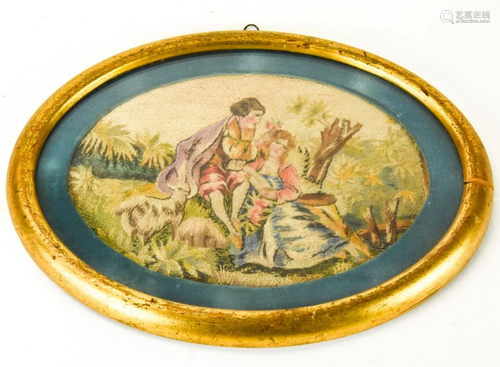 Antique 19th C Handmade Embroidery Framed Plaque