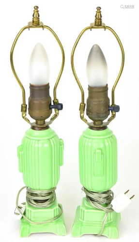 Pair Vintage Green Glazed Porcelain Table Lamps