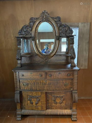 Victorian Carved Oak Dresser w Beveled Mirror