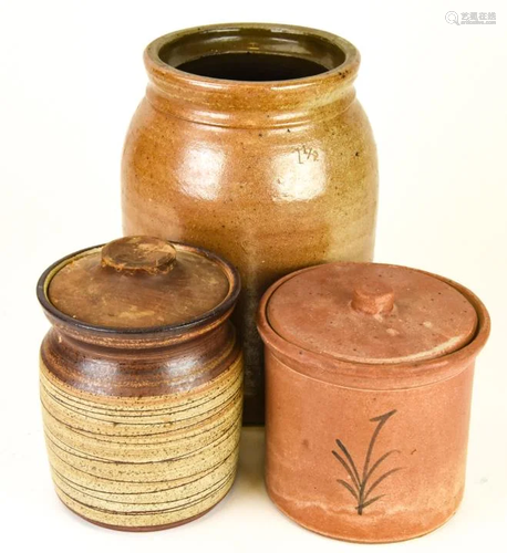 3 Vintage Salt Glazed Lidded Ceramic Vessels