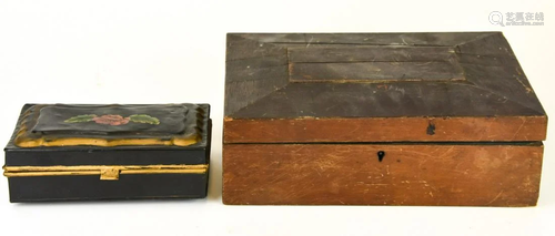 Antique 19th C Wooden & Tole Metal Jewelry Boxes