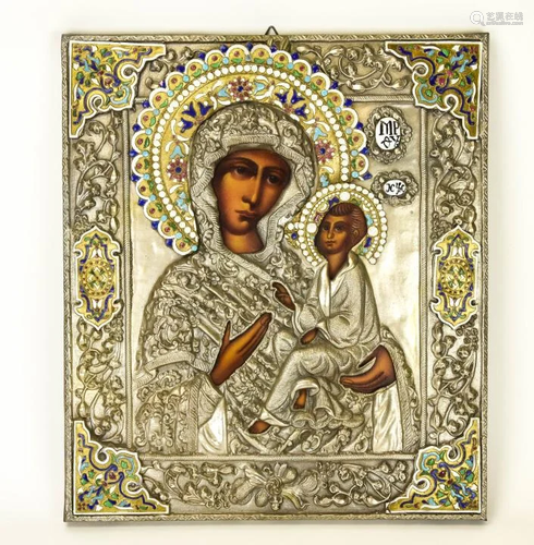 Russian Hand Painted Enamel Mother of God Icon