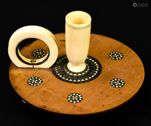 Antique 19th C Tunbridge Mosaic & Bone Candlestick