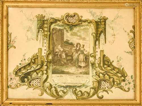 Antique Framed 18th C French Print w Watercolor