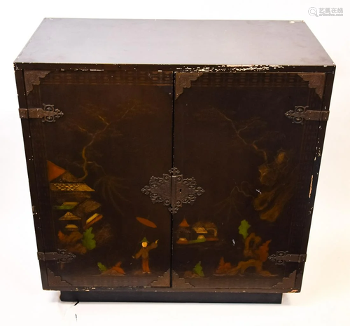 Black Lacquer Hand Painted Chinoisserie Cabinet