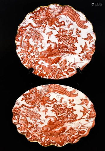 Two Royal Crown Derby Red Aves Ruffled Edge Plates