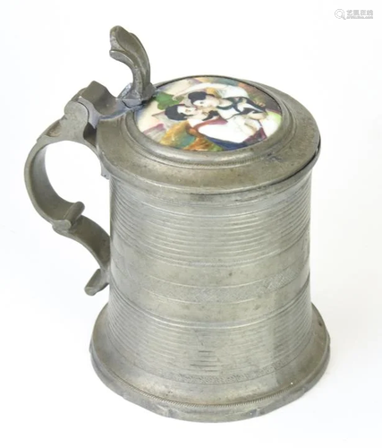 Antique 1855 Pewter Tankard W Porcelain Inlay