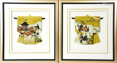 Japanese Framed Miniature Painted Folded Kimonos