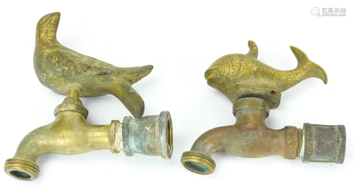 2 Brass Spigots w Figural Animal Form Handles