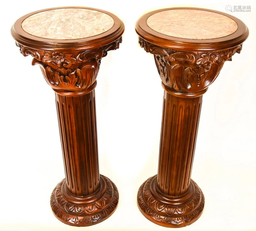 Pair Corinthian Column Form Marble Top Pedestals