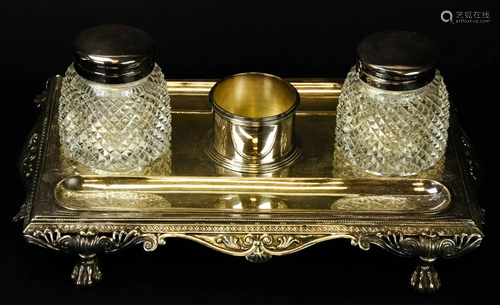 Antique Silver Plate Double Inkwell w Pen Tray