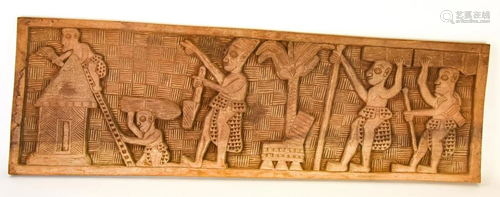 African Tribal Relief Carved Wood Hanging Panel