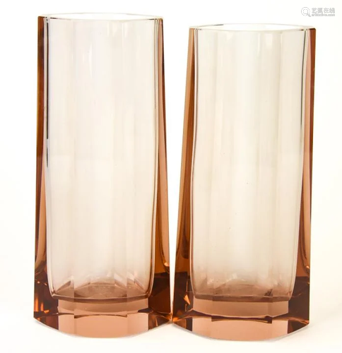 Pair Mid Century Rose Colored Art Glass Vases