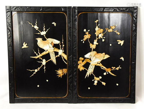 Chinese Lacquer Panels W Bone & Mother Pearl Inay