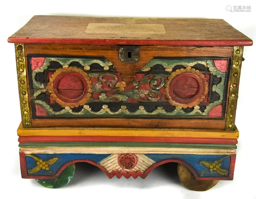 Antique Artisan Hand Carved Painted Rolling Trunk