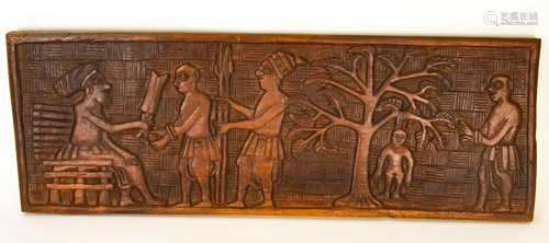 African Tribal Relief Carved Wood Hanging Panel